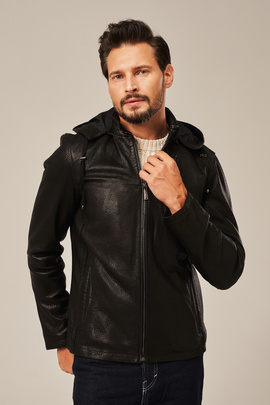 Men's black leather jacket with hood