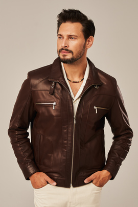 Men's brown leather jacket with stand-up collar