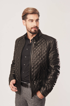 Men's black leather jacket with stand-up collar