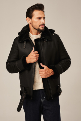 Men's sheepskin jacket with hood, black