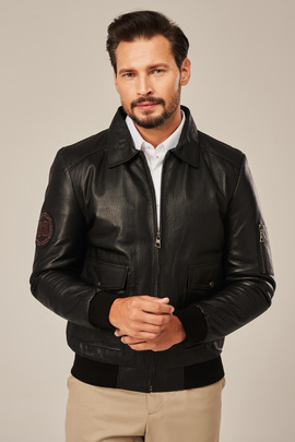 Men's black leather flight jacket military