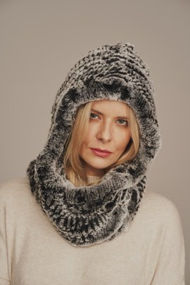 Rabbit fur hooded winter scarf