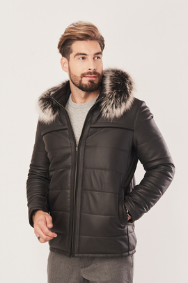 Men’s Leather Jacket – Black Winter Jacket with Hood and Fur Details