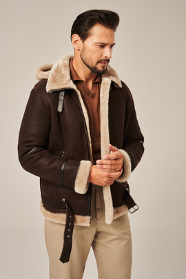 Men's winter leather jacket with a hood, brown