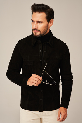 Men's black leather shirt jacket