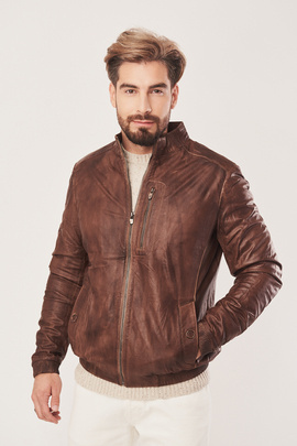 Men's brown leather jacket with stand-up collar