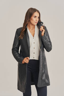 Women's lambskin leather coat in navy blue