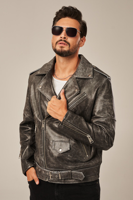 Men's leather biker jacket gray
