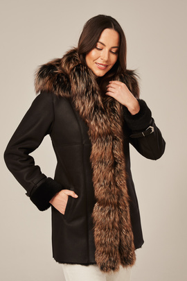 Women's winter shearling coat with a hood, dark brown