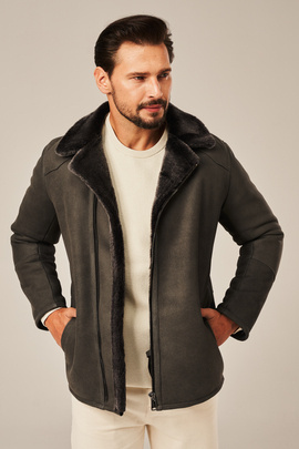 Short men's sheepskin jacket with zipper, gray