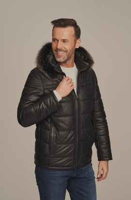 Men's leather jacket with hood