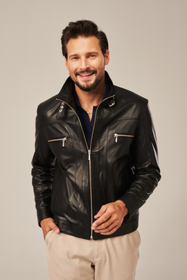 Men's black leather jacket with stand-up collar
