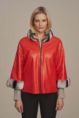 Red women's insulated leather jacket