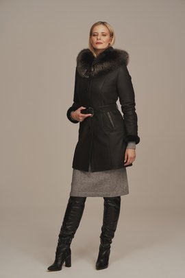 Sheepskin coat with hood black