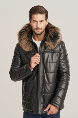 Mens winter leather jacket with hood