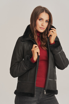 Women's black sheepskin jacket with a zipper