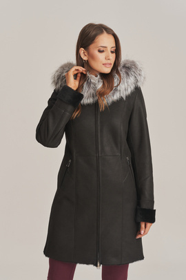 Women's sheepskin coat in black color with a zipper