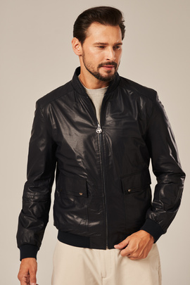 Men's leather bomber jacket navy blue