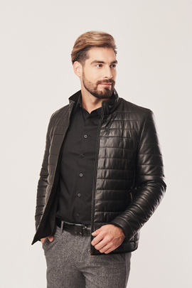 Men's black leather jacket with zipper
