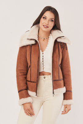 Women's sheepskin aviator jacket in cognac