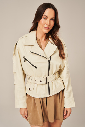 Beige leather biker jackets for ladies