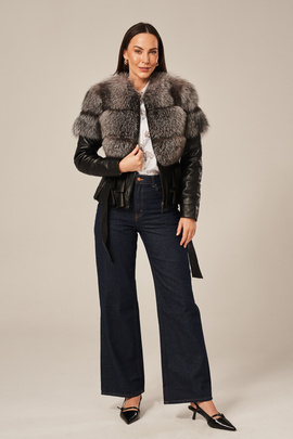 Women's black leather jacket with fox fur